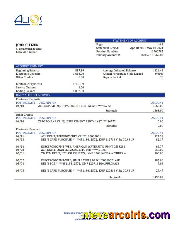 Gabon Alios Finance bank statement, Word and PDF format